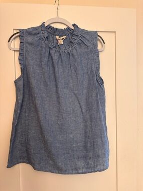 Boden Light Blue Chambray Linen Ruffled Sleeveless